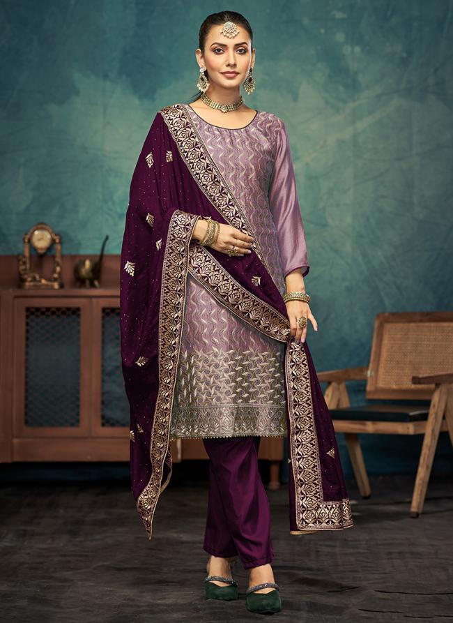 Vichitra Silk Lilac Festival Wear Embroidery Work Straight Suit